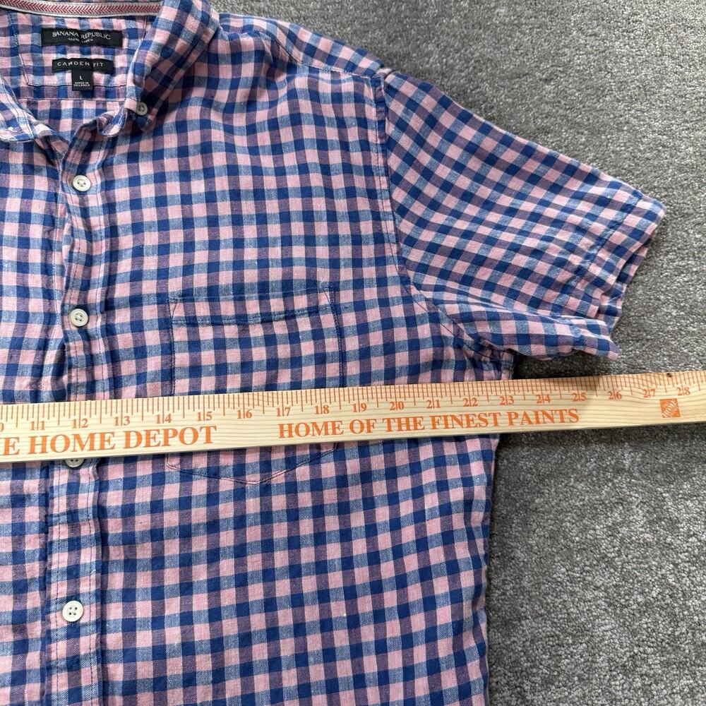 Banana Republic Camden Fit‎ Linen Shirt Mens L Short Sleeve Pink Blue Plaid - Picture 6 of 6